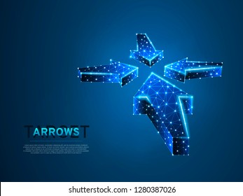 Arrows pointing in the middle. Business Technological success concept. Polygonal science Vector illustration. Neon Low poly. Connection wireframe mesh structure on dark blue background in RGB Color
