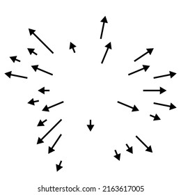 Arrows pointing outwards. Radial, radiating arrows