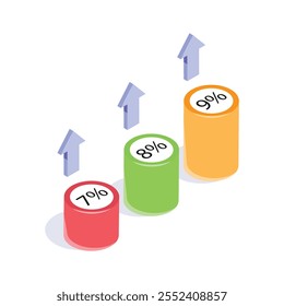 Arrows pointing upward alongside percentage labeled cylinders, representing growth
