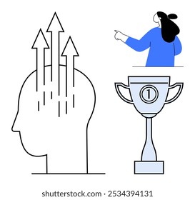 Arrows pointing upward from a head represent personal growth and development. A person giving directions symbolizes guidance. Ideal for self-improvement, motivation, success, leadership, and guidance