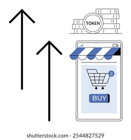 Arrows pointing upward with mobile shopping cart on screen and tokens signify online shopping market growth. Ideal for digital commerce, cryptocurrency, business growth, online transactions, market