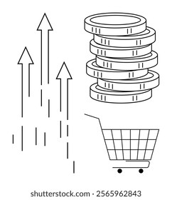 Arrows pointing upward, a stack of coins, and a shopping cart. Ideal for economics, finance, business growth, consumerism, retail illustration themes. Simple, clean design style