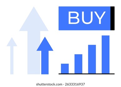 Arrows pointing upwards, bar graph increasing, BUY button above. Ideal for business growth, financial success, stock markets, investment opportunities, online shopping, marketing strategies, economic