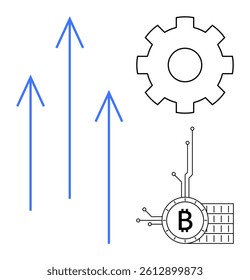 Arrows pointing upwards, a gear icon and a Bitcoin symbol connected to circuits. Ideal for themes such as growth, cryptocurrency, technology, financial markets, and innovation. Simple line art style