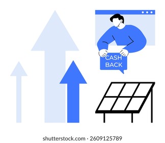 Arrows pointing upwards, a man holding a cash back sign, and solar panels demonstrate growth, financial savings, sustainability, and clean energy benefits. Ideal for renewable energy, financial