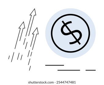 Flechas apuntando hacia arriba a la izquierda y un símbolo de dólar en un círculo azul a la derecha. Ideal para el crecimiento empresarial, el éxito financiero, la inversión, el desarrollo económico y la optimización de beneficios. Sencillo