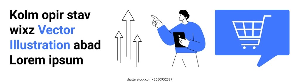 Flechas apuntando hacia arriba, una persona con una tableta y un ícono de Carrito de compras en la burbuja de diálogo. Ideal para el crecimiento del negocio, compras en línea, marketing digital, tecnología, comercio electrónico, estrategia de ventas, moderno