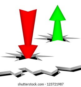 Arrows punch a surface. The arrow of green color specifies up, the red arrow specifies down. Composition on a white background.