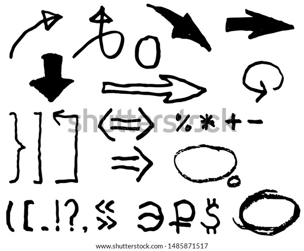 Arrows,\
punctuation, and symbol of the ruble, dollar, euro. Doodle style,\
freehand drawing. Vector grunge\
element\
