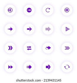 arrows purple color vector icons on light round buttons with purple shadow. arrows icon set for web, mobile apps, ui design and print