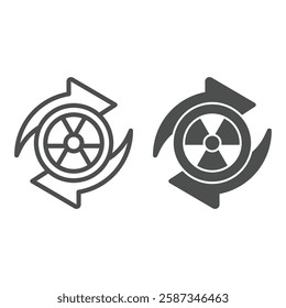 Arrows with radioactivity seal line and solid icon, atomic energy concept. Vector graphics. Radiation danger renew refresh sign on white background, outline style icon for mobile or web design