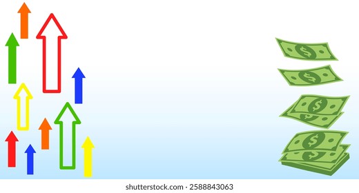 arrows and rain of dollar banknotes with copy space for text.