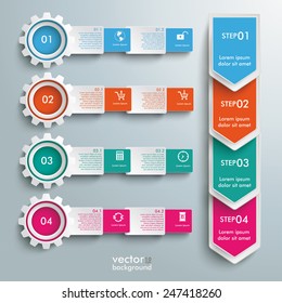 Arrows with rectangles and gears on the gray background. Eps 10 vector file.