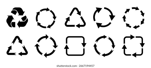 Pfeile. Symbolsammlung wiederverwenden.  Satz von Vektorsymbolen für die Recyclingpfeile. Vektorgrafik