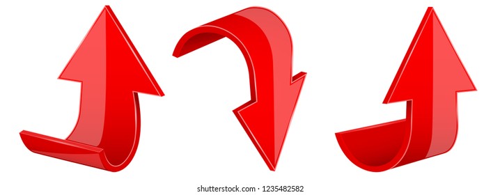 Arrows. Red UP and DOWN 3d icons. Vector illustration isolated on white background