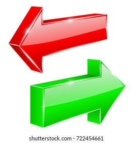 Arrows. Red and green web shiny 3d icons. Vector illustration isolated on white background