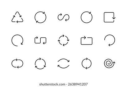 Arrows related vector linear icons set. Isolated icon collection such as curved, round, circular, sync, repeat, shuffle, share, transfer, move and more. Isolated icon collection of arrows related.