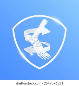 As setas giram em torno da articulação da cartilagem óssea do tornozelo dentro do quadro de escudo branco moderno no fundo azul. Órgão de anatomia humana. Conceito de cuidados médicos e proteção. Vetor 3D EPS10.