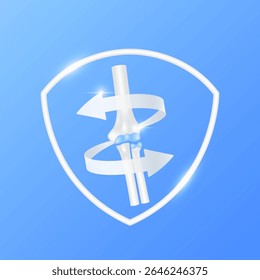 As setas giram em torno da articulação da cartilagem do osso do cotovelo dentro do quadro de escudo branco moderno no fundo azul. Órgão de anatomia humana. Conceito de cuidados médicos e proteção. Vetor 3D EPS10.