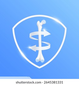 As setas giram em torno da articulação da cartilagem óssea do fêmur dentro do quadro de escudo branco moderno no fundo azul. Órgão de anatomia humana. Conceito de cuidados médicos e proteção. Vetor 3D EPS10.