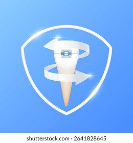 Arrows revolve around front teeth braces within white shield frame modern on blue background. Human anatomy organ. Medical health care and protection concept. 3D Vector EPS10.