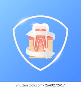 Arrows revolve around gum teeth cut in half visible neurons within white shield frame modern on blue background. Human anatomy organ. Medical health care and protection concept. 3D Vector EPS10.