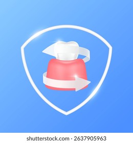 Arrows revolve around gum tooth within white shield frame modern on blue background. Human anatomy organ. Medical health care and protection concept. 3D Vector EPS10.