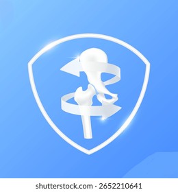 As setas giram em torno da articulação da cartilagem óssea do quadril dentro do quadro de escudo branco moderno em fundo azul. Órgão de anatomia humana. Conceito de cuidados médicos e proteção. Vetor 3D EPS10.