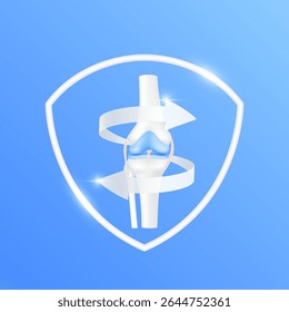 Arrows revolve around knee bone cartilage joint within white shield frame modern on blue background. Human anatomy organ. Medical health care and protection concept. 3D Vector EPS10.