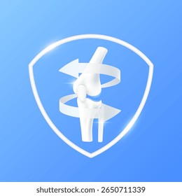 Arrows revolve around knee bone cartilage joint within white shield frame modern on blue background. Human anatomy organ. Medical health care and protection concept. 3D Vector EPS10.