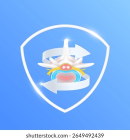 Arrows revolve around nerve and intervertebral disc bone cartilage joint within white shield frame modern on blue background. Human anatomy organ. Medical health care and protection concept. Vector.