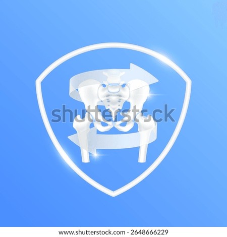 Arrows revolve around pelvis bone cartilage joint within white shield frame modern on blue background. Human anatomy organ. Medical health care and protection concept. 3D Vector EPS10.