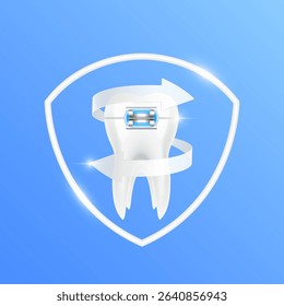 Arrows revolve around tooth braces within white shield frame modern on blue background. Human anatomy organ. Medical health care and protection concept. 3D Vector EPS10.