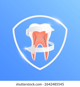 Arrows revolve around tooth cut in half visible neurons within white shield frame modern on blue background. Human anatomy organ. Medical health care and protection concept. 3D Vector EPS10.