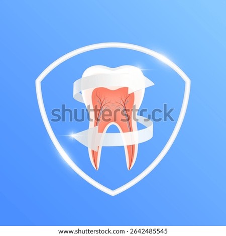 Arrows revolve around tooth cut in half visible neurons within white shield frame modern on blue background. Human anatomy organ. Medical health care and protection concept. 3D Vector EPS10.