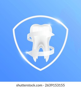 Arrows revolve around tooth within white shield frame modern on blue background. Human anatomy organ. Medical health care and protection concept. 3D Vector EPS10.