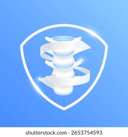 As setas giram em torno da articulação da cartilagem óssea da vértebra dentro do quadro de escudo branco moderno no fundo azul. Órgão de anatomia humana. Conceito de cuidados médicos e proteção. Vetor 3D EPS10.