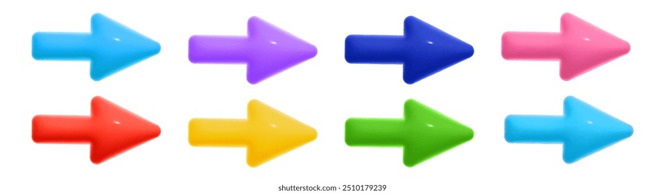Arrows rightward multicolor 3d vector icons on white background set. Cursors colorful elements collection. Right direction symbols