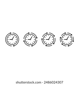 Arrows rotating around analog clock. rotating arrow signs and clock concept. two, four, five, six rotating arrow symbols and wall clock