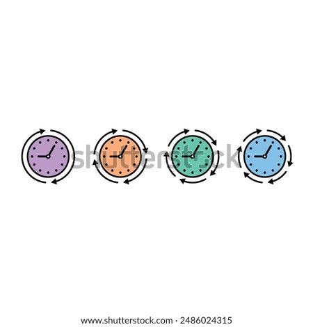 arrows rotating around colorful clocks. rotating arrow signs and clock concept. two, four, five, six rotating arrow symbols and wall clock