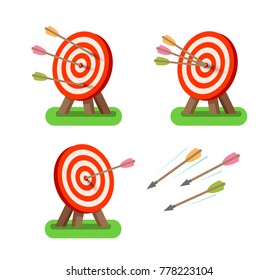 Arrows and round target standing on tripod. Purpose, goal, accuracy icon or symbol. Vector illustration