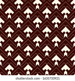 Arrows, scales seamless pattern. Ethnic, tribal print. Squama, chevrons ornament. Repeated arrowhead, triangular shapes background. Native americans ornamental wallpaper. Vector abstract digital paper