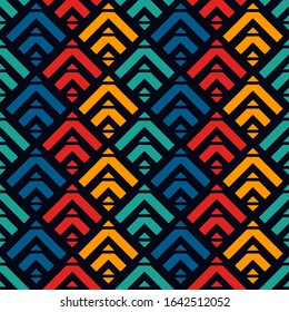 Arrows, scales seamless pattern. Ethnic, tribal print. Squama, chevrons ornament. Repeated arrowhead, triangular shapes background. Native americans ornamental wallpaper. Vector abstract digital paper