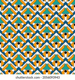 Pfeile, skaliert nahtloses Muster. Ethnische Ausdrucksform, Stammesdruck. Squama, Chevronen-Ornament. Wiederholte Pfeilspitzen, dreieckige Formen, Hintergrund. Indianische Wandteppiche mit Ziergegenständen. Abstraktes digitales Vektorpapier