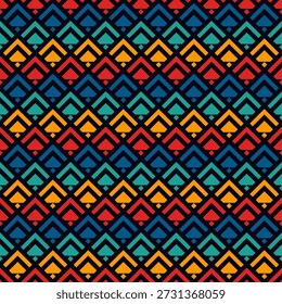 Setas, escalas padrão perfeito. Impressão étnica, tribal. Esquadrão, chevrons ornamento. Ponta de seta repetida, fundo de formas triangulares. Papel de parede ornamental dos ameríndios. Papel digital abstrato vetorial