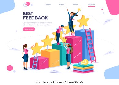 Arrows score, win and grow. Star choose, best feedback comment. 5 stars rating, people and text, characters concept for web banner, infographics, hero images. Flat isometric vector illustration