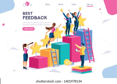 Arrows Score, Win and Grow. Star Choose, Best Feedback Comment. 5 Stars Rating, People and Text, Characters Concept for Web Banner, Infographics, Hero Images. Flat Isometric Vector Illustration