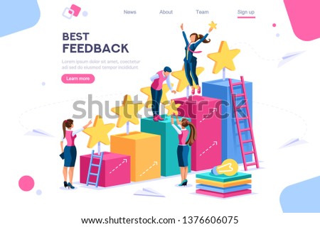 Arrows score, win and grow. Star choose, best feedback comment. 5 stars rating, people and text, characters concept for web banner, infographics, hero images. Flat isometric vector illustration