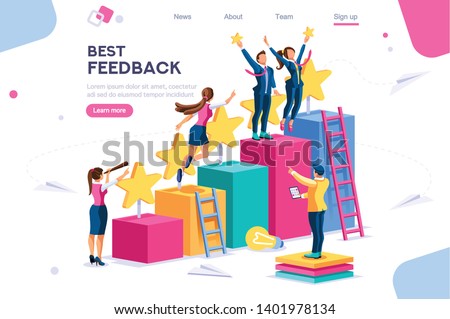 Arrows Score, Win and Grow. Star Choose, Best Feedback Comment. 5 Stars Rating, People and Text, Characters Concept for Web Banner, Infographics, Hero Images. Flat Isometric Vector Illustration