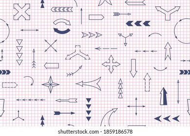 arrows. seamless pattern with blue icons on the background of a school notebook in a cage. vector illustration.